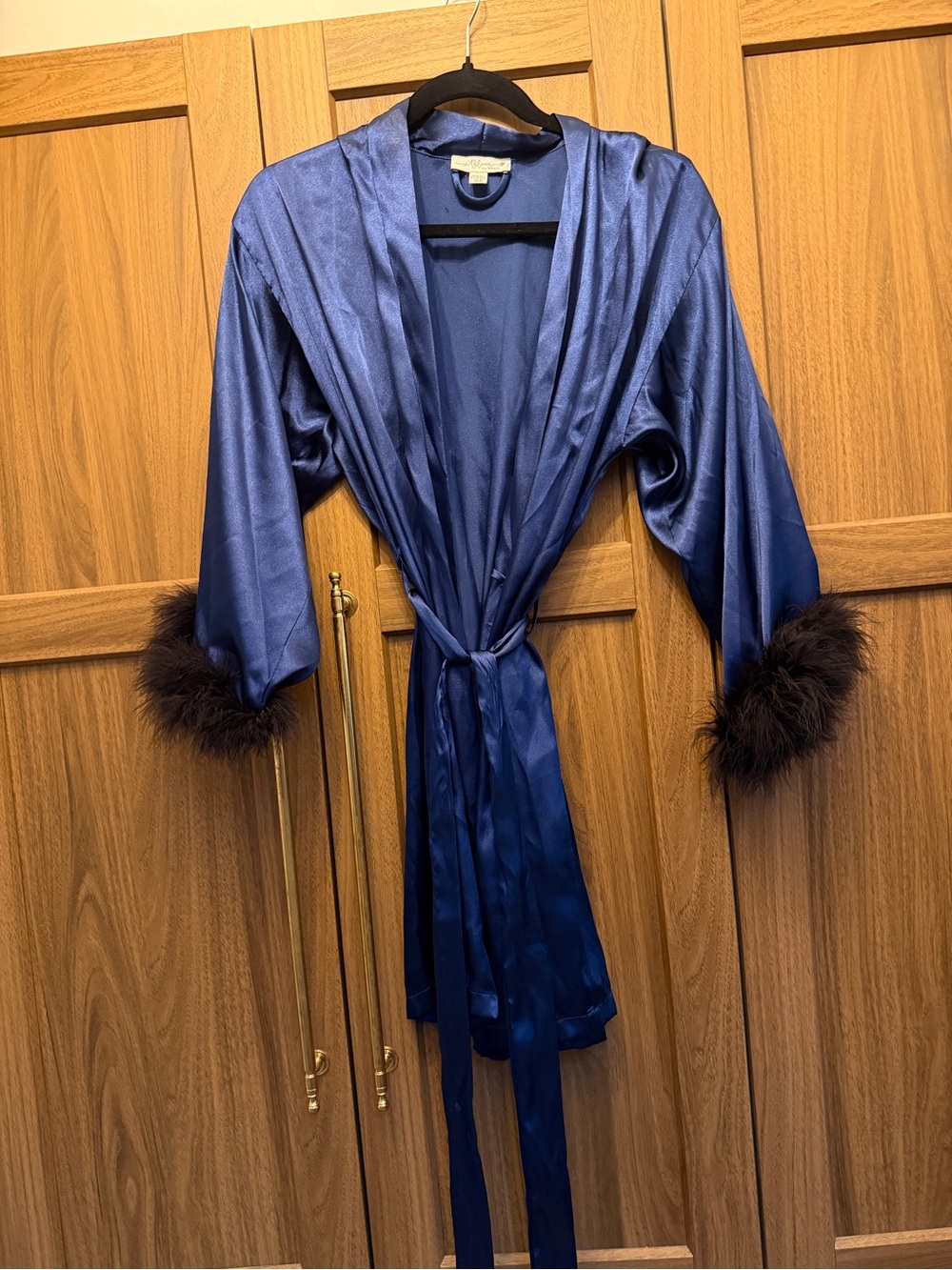 Silky Navy Satin Robe with Feather Cuffs - Women Intimates